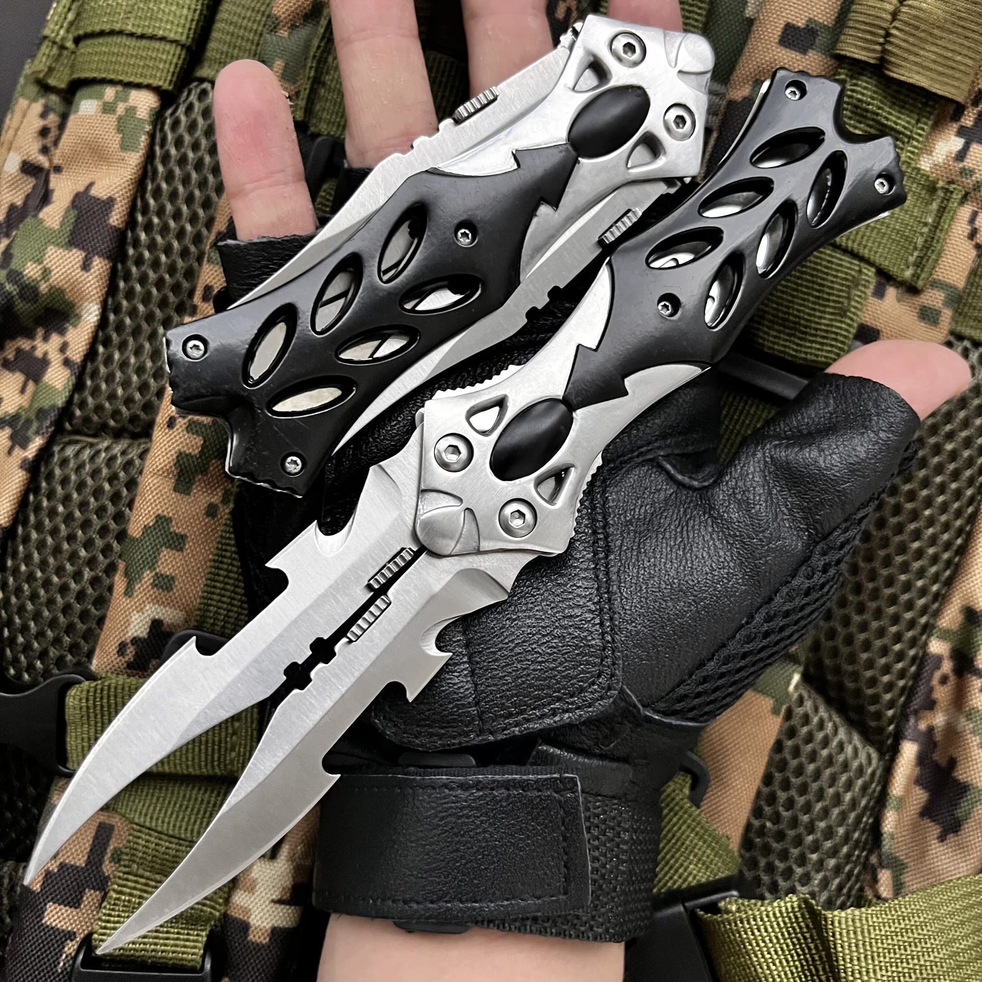 LFHC Pocket Double Blade Knife, Tactical Twin Edge Dual Blades Folding Knife, 8.5-in Outdoor Camping Multifunctional EDC Tool Fishing Hunting Knives with Clip and Liner Lock, Aluminum Handle Gifts