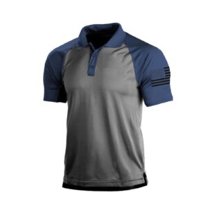 H HYFOL Polo Shirts for Men Contrast Color Short Sleeve Graphic Stretch American Patriotic Raglan Golf Polos for Men(Grey Blue,XL)