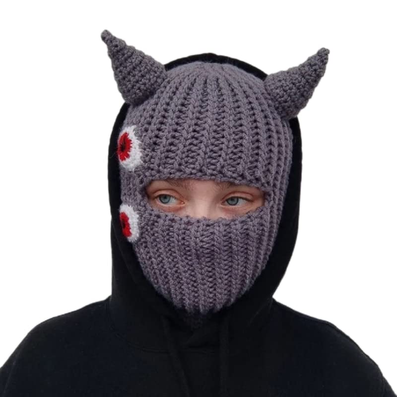 Funny Horns Creative Knitted Hat Beanies Warm Full Face Cover Ski Mask Hat Windproof Balaclava Hat for Men Women (Dark Purple Pattern,One Size)