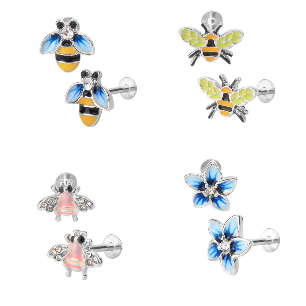 Three Bumble Bees and One Blue Flower - 16 Gauge 1/4 Inch 316L Stainless Steel Labret Monroe Lip Ring Tragus Helix Cartilage Earring Stud Internal Threaded Barbell L224