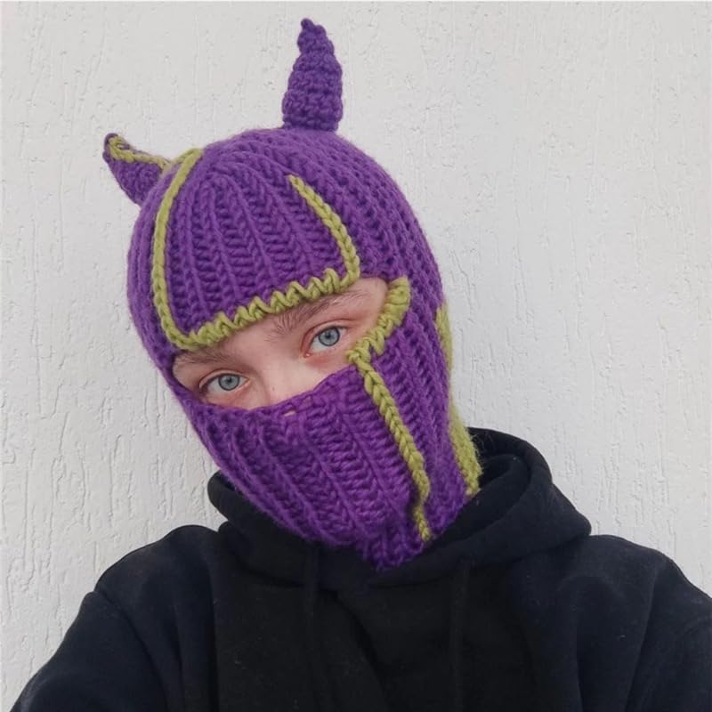 Funny Horns Creative Knitted Hat Beanies Warm Full Face Cover Ski Mask Hat Windproof Balaclava Hat for Men Women (Dark Purple Pattern,One Size)