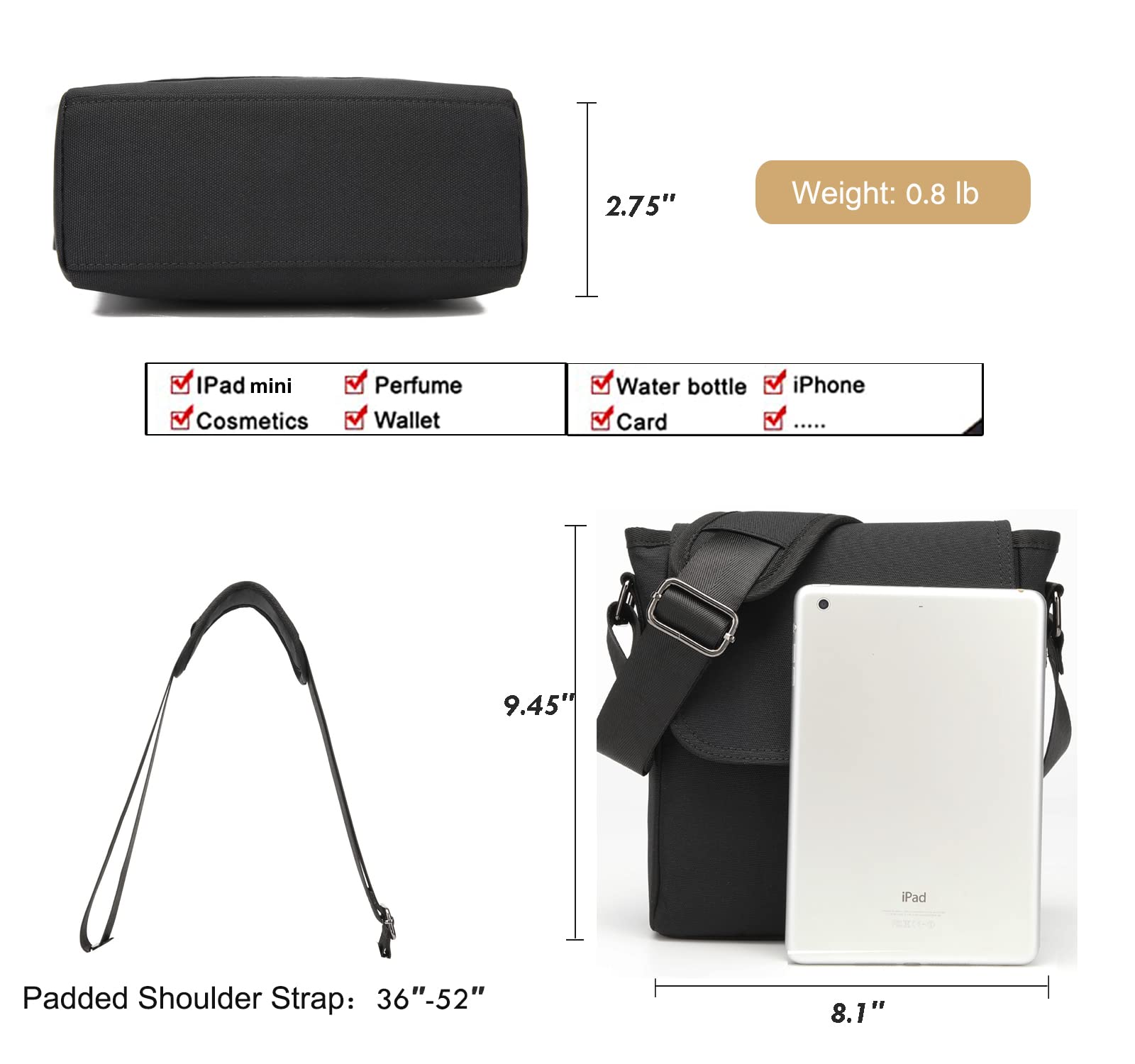 Shaelyka Water Resistant 900D Cross-Body messenger Bags, Lightweight PADDED Cellphone Bag, Black