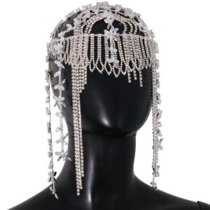 STONEFANS 1920s Rhinestone Headpiece Cap Silver Bridal Flapper Head Chain Headband Prom Gatsby Cleopatra Hair Accessories for Women Costume (Silver1)