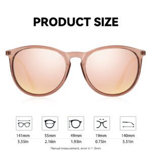 Fozono Retro Round Polarized Sunglasses for Women Trendy Vintage Sun Glasses UV Protection (Light Coffee Frame/Champagne Mirrored Lens)