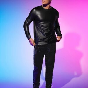 WDIRARA Men's Round Neck Long Sleeve PU Leather Sweatshirt Party Club Pullovers Black S