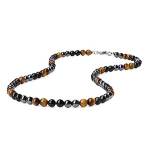 GAVU 6mm Brown Tiger Eye Hematite Rainbow Obsidian Crystal Necklace 20"