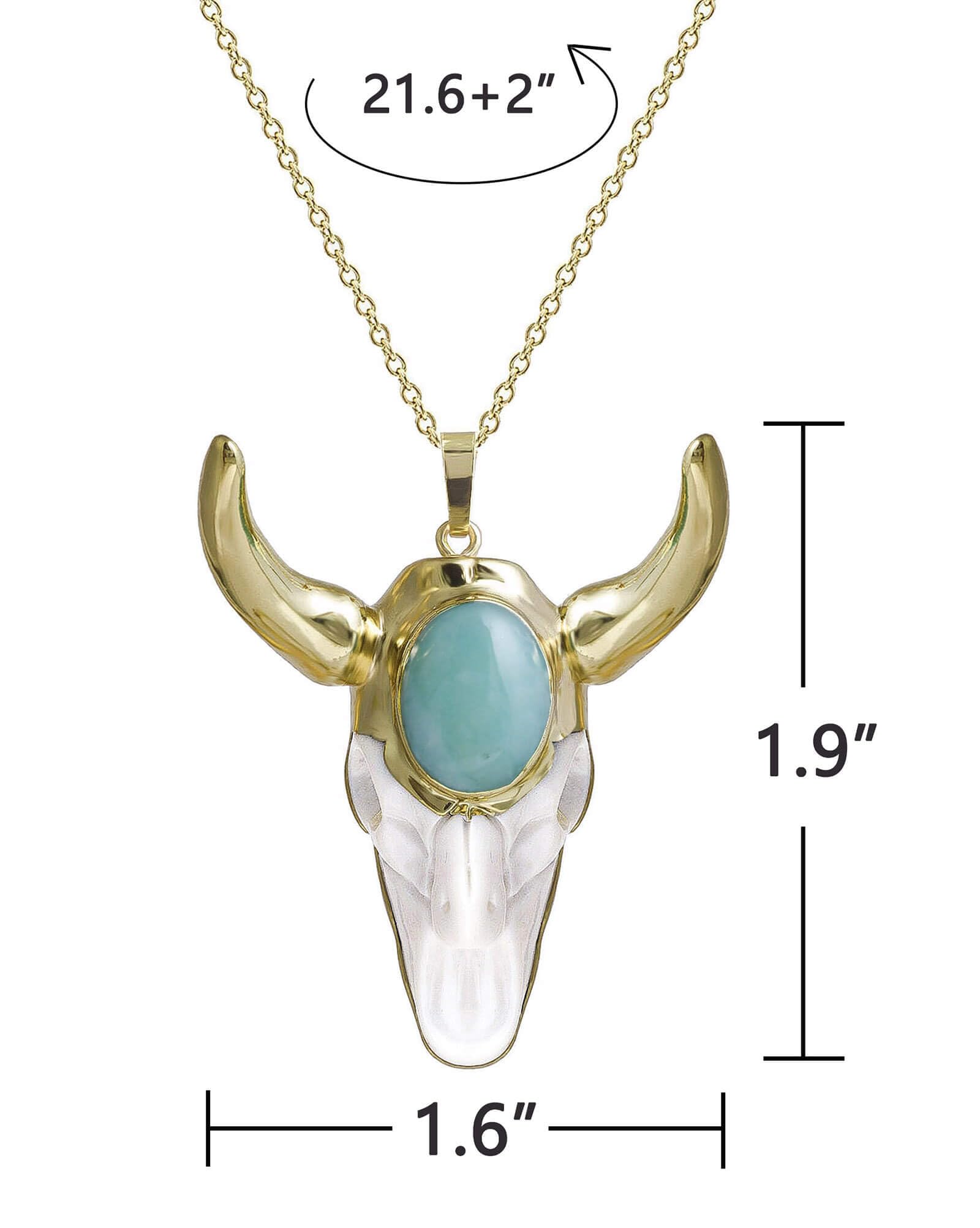 Ladywowu Bull Skull Necklace Gold, Faceted Polished Amazonite Necklace, Bohemian Bull Necklace for Women Western, Unisex Punk Retro Skull Jewelry for Men