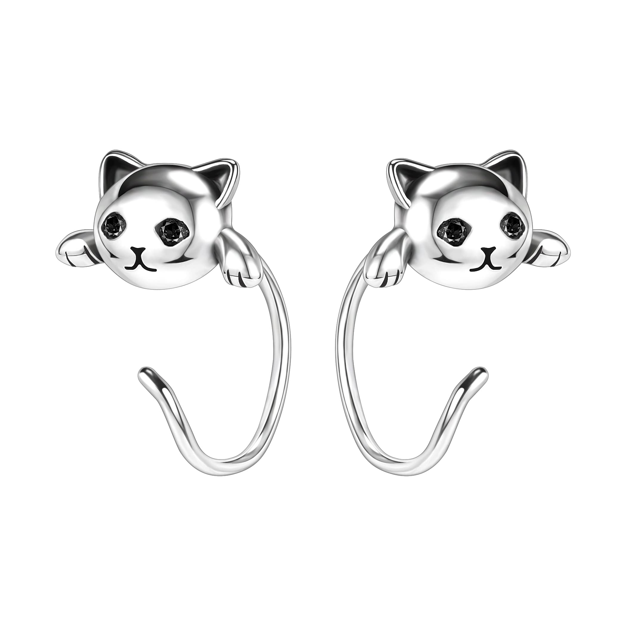 AoedeJ Half Hoop Earrings 925 Sterling Silver Tiny Huggie Hoop Small Comfy Half Hoop C Hoop Earrings for Women(Cat)