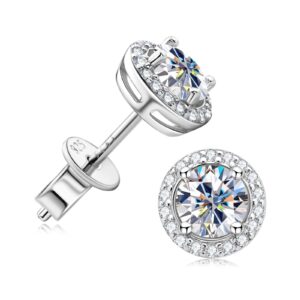 moissanite halo stud earrings for women, 925 sterling silver moissanite diamond stud earrings, hypoallergenic bezel earrings for women men, 6.5mm/2ct christmas new year gifts