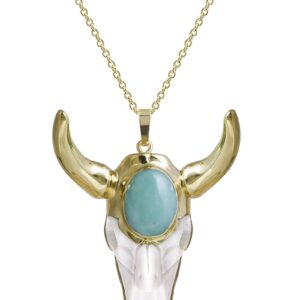 Ladywowu Bull Skull Necklace Gold, Faceted Polished Amazonite Necklace, Bohemian Bull Necklace for Women Western, Unisex Punk Retro Skull Jewelry for Men