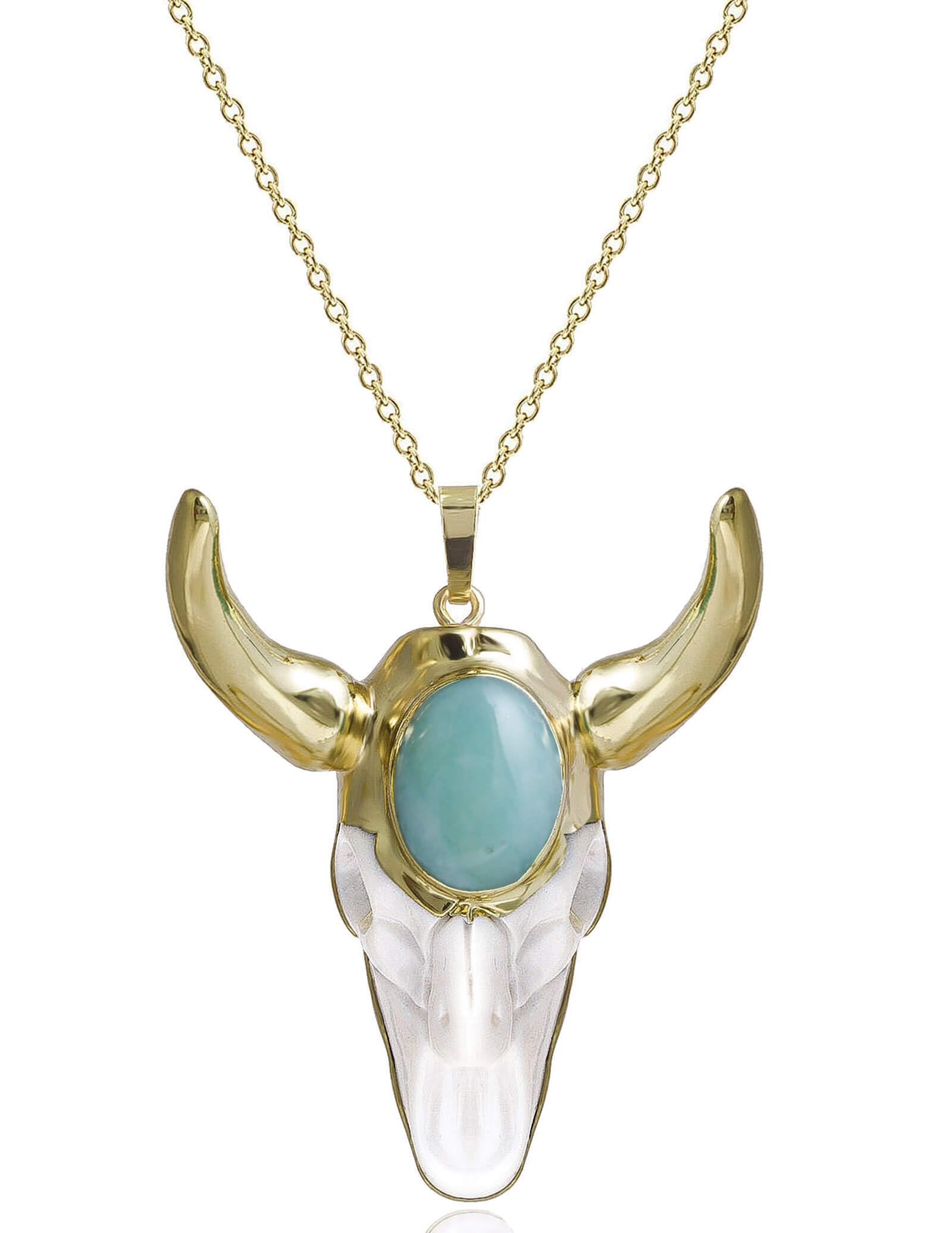 Ladywowu Bull Skull Necklace Gold, Faceted Polished Amazonite Necklace, Bohemian Bull Necklace for Women Western, Unisex Punk Retro Skull Jewelry for Men