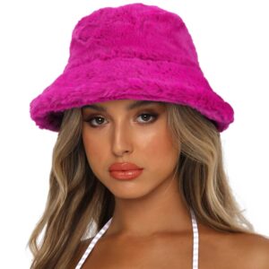 sydbecs winter bucket hat fluffy faux fur fisherman cap for women men solid color style(hot pink)