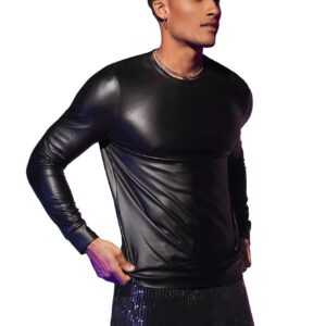 WDIRARA Men's Round Neck Long Sleeve PU Leather Sweatshirt Party Club Pullovers Black S