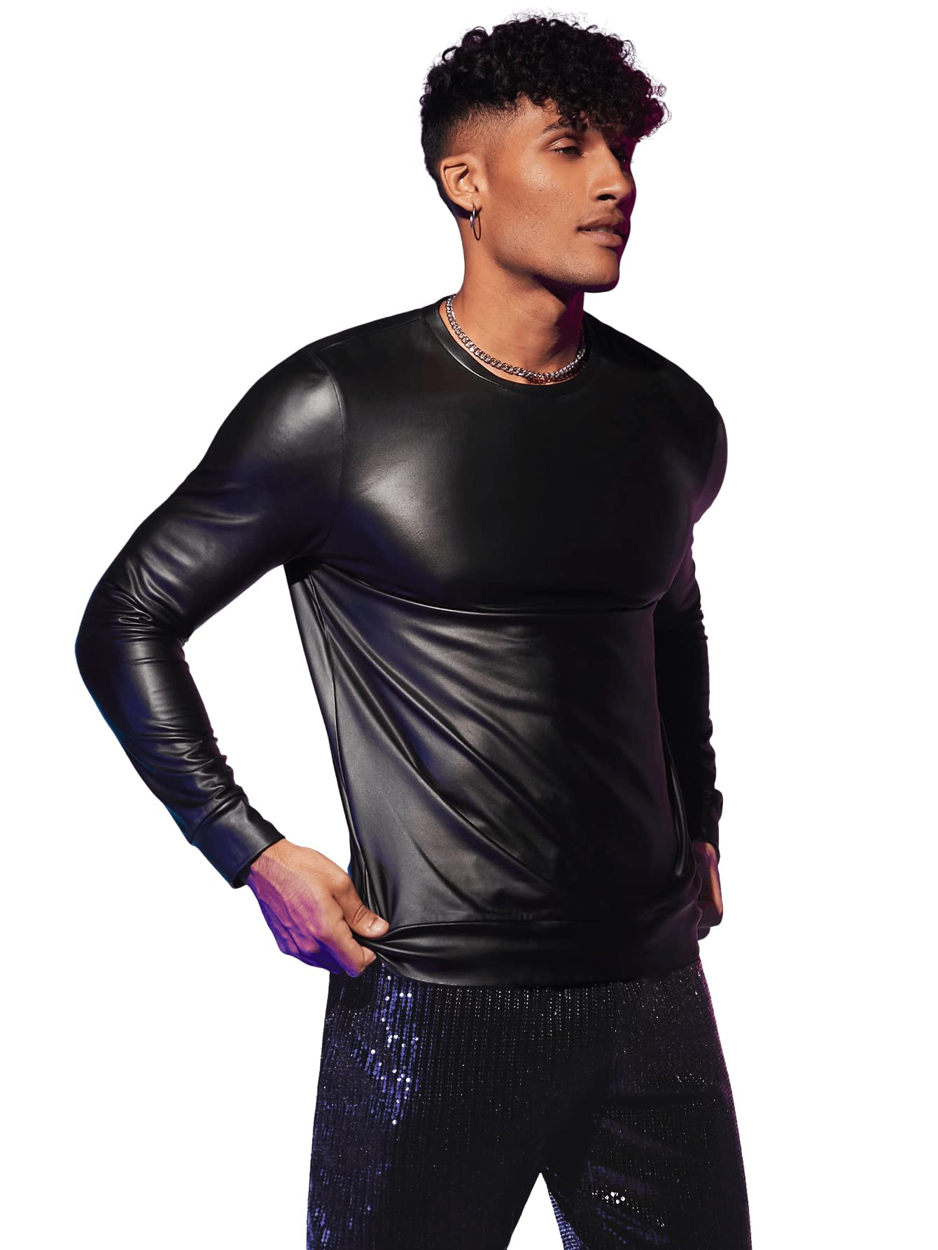 WDIRARA Men's Round Neck Long Sleeve PU Leather Sweatshirt Party Club Pullovers Black S