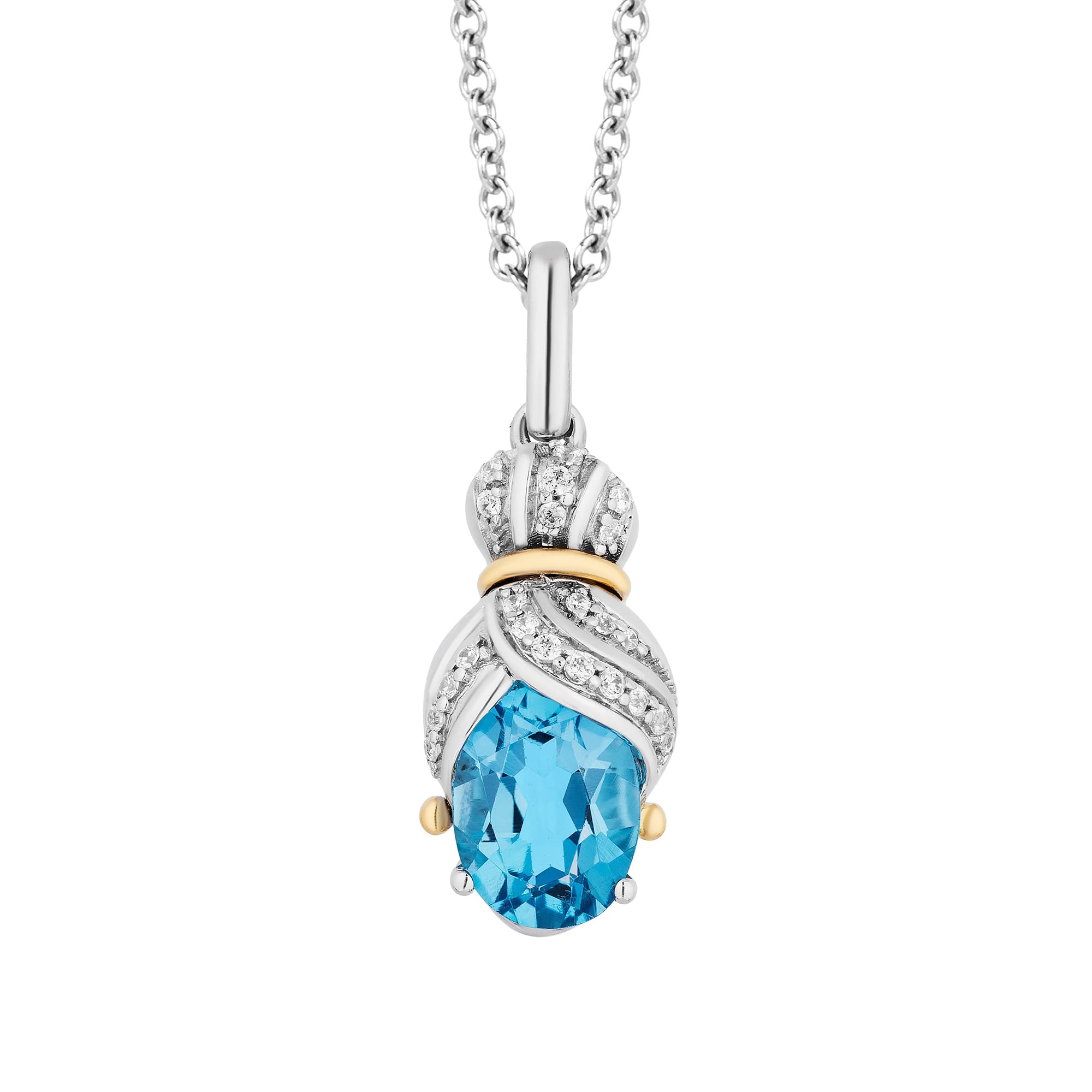 Jewelili Enchanted Disney Fine Jewelry Sterling Silver and 10K Yellow Gold with White Diamond Accent and London Blue Topaz Cinderella Pendant Necklace