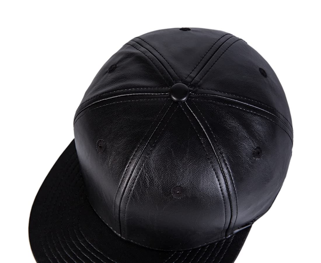 CNUSER Snapback Hats for Men Women,Fashion Baseball Cap,Hip Hop Flat Bill Brim Adjustable Dad Hats (Pu Leather Black)