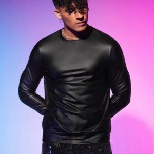 WDIRARA Men's Round Neck Long Sleeve PU Leather Sweatshirt Party Club Pullovers Black S