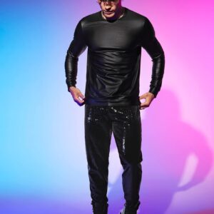 WDIRARA Men's Round Neck Long Sleeve PU Leather Sweatshirt Party Club Pullovers Black S