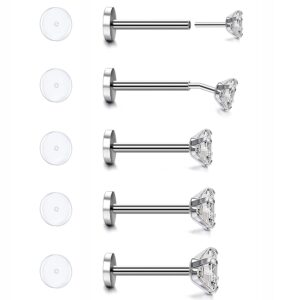 ZS 16G 18G 20G Threadless Push in Nose Studs Rings for Women, 5 Pieces Stainless Steel Lip Labret Rings Medusa Tragus Piercings Jewelry Diamond CZ 2-6mm (18G,L:6mm)