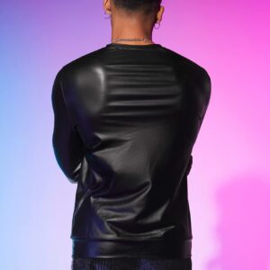 WDIRARA Men's Round Neck Long Sleeve PU Leather Sweatshirt Party Club Pullovers Black S