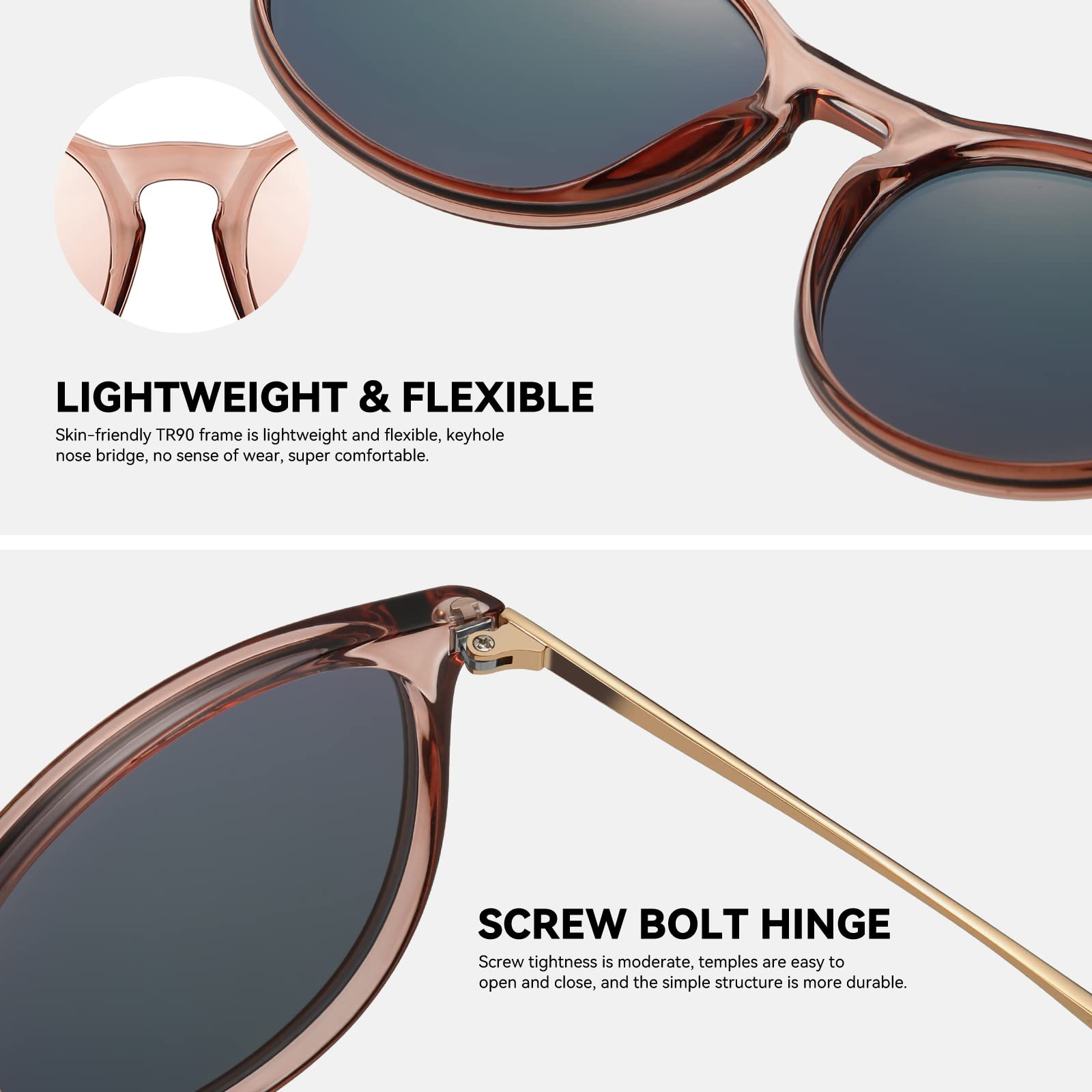 Fozono Retro Round Polarized Sunglasses for Women Trendy Vintage Sun Glasses UV Protection (Light Coffee Frame/Champagne Mirrored Lens)