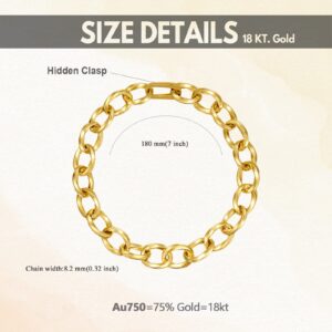 SISGEM 18k Yellow Gold Cuban Link Bracelet for Women, Real 18 Carat Gold Bracelet Fine Jewelry for Her (8.2 mm, 7.0 inch Adjustable)