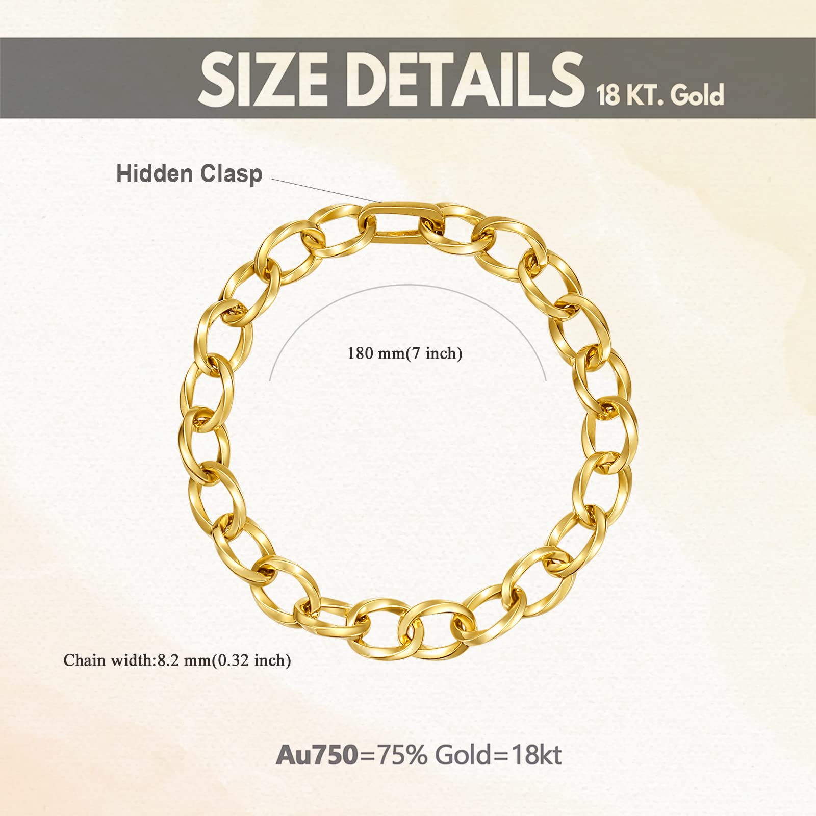 SISGEM 18k Yellow Gold Cuban Link Bracelet for Women, Real 18 Carat Gold Bracelet Fine Jewelry for Her (8.2 mm, 7.0 inch Adjustable)