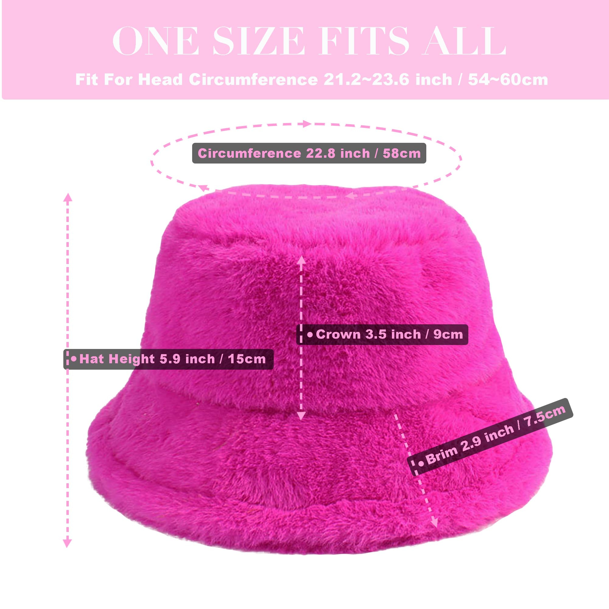 Sydbecs Winter Bucket Hat Fluffy Faux Fur Fisherman Cap for Women Men Solid Color Style(Hot Pink)