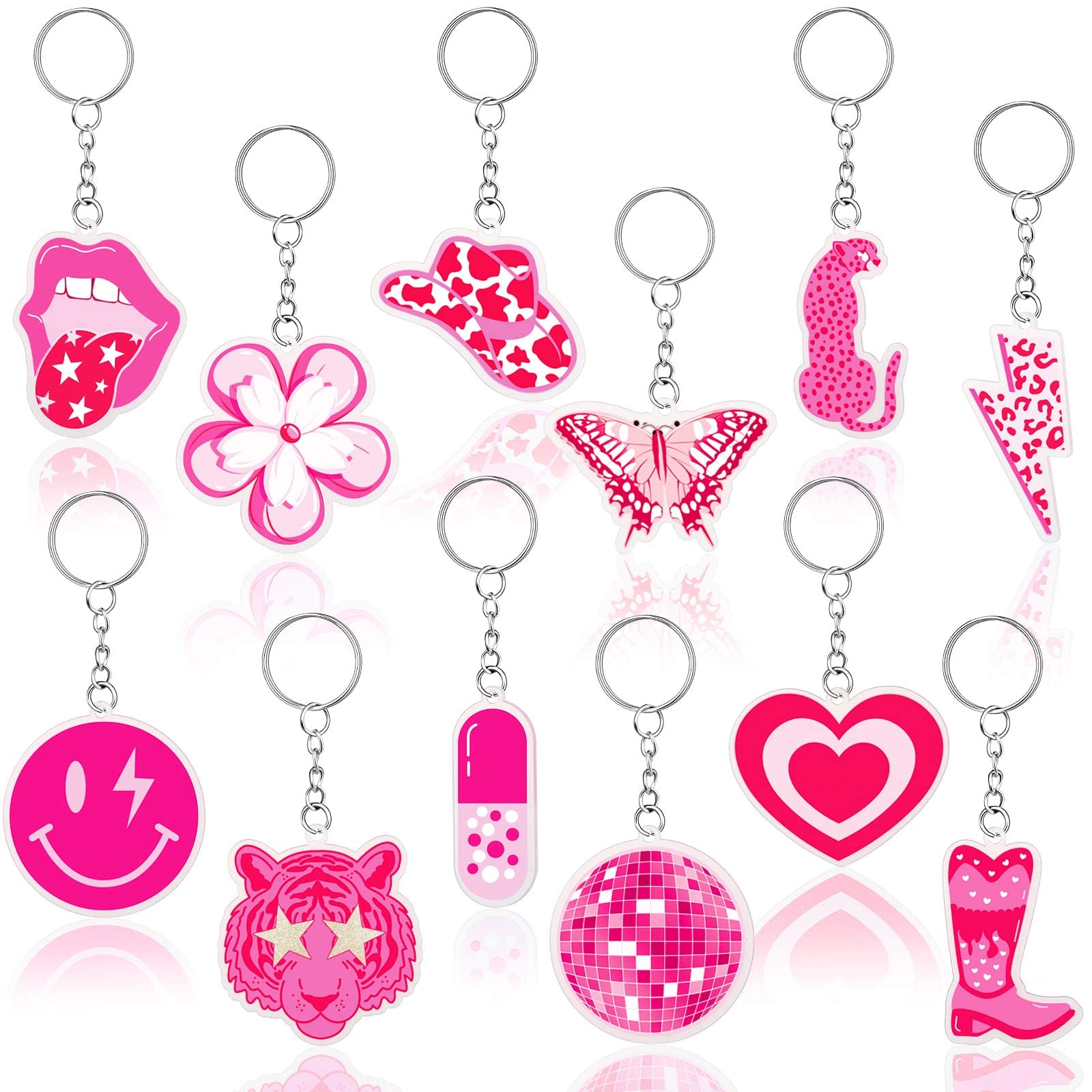 12 Pcs Preppy Smile Key Chain Acrylic Smile Face Keychain Happy Face Aesthetic Preppy Keychain for Backpack Cute Women's Keyrings and Keychains for Girls Purse Pink Accessories Charm, 12 Designs