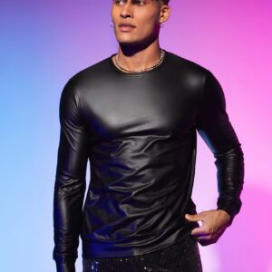 WDIRARA Men's Round Neck Long Sleeve PU Leather Sweatshirt Party Club Pullovers Black S