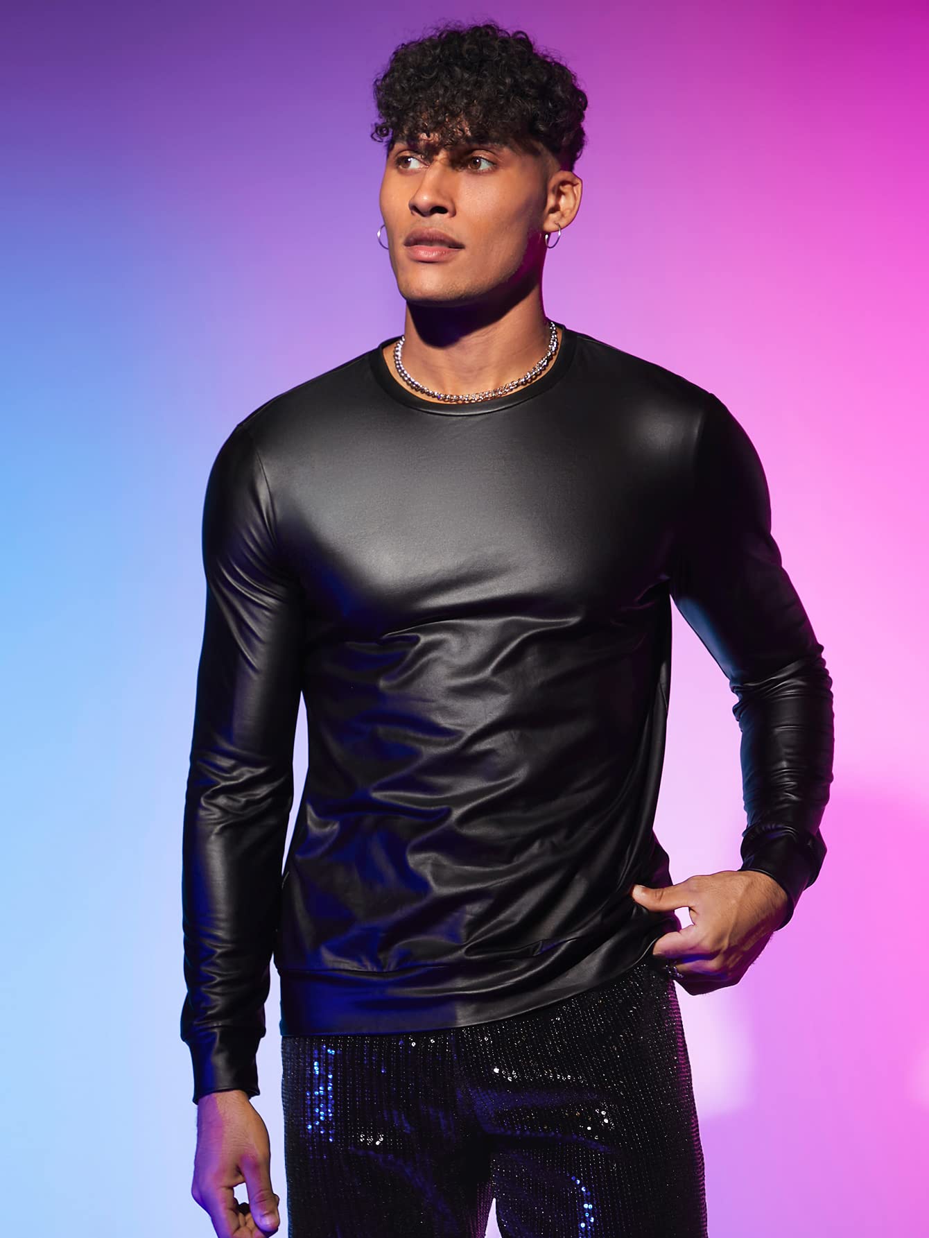 WDIRARA Men's Round Neck Long Sleeve PU Leather Sweatshirt Party Club Pullovers Black S