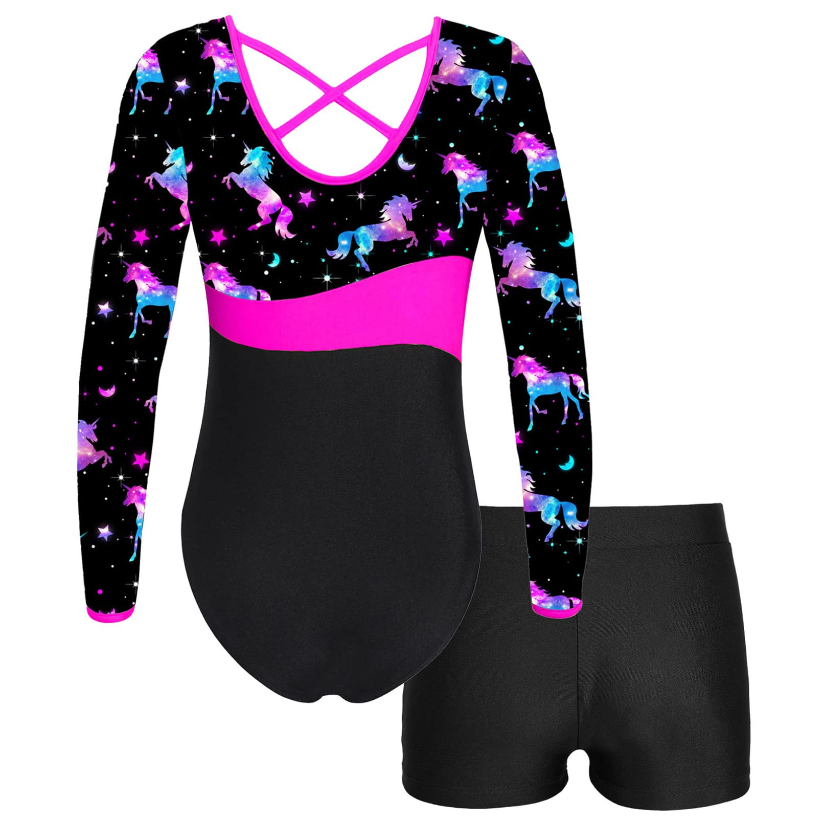 Moily Girls Kids Digital Printed U Neck Gymnastics Leotard with Shorts Athletic Biketard Ballet Dancewear Night Pegasus 8 Years