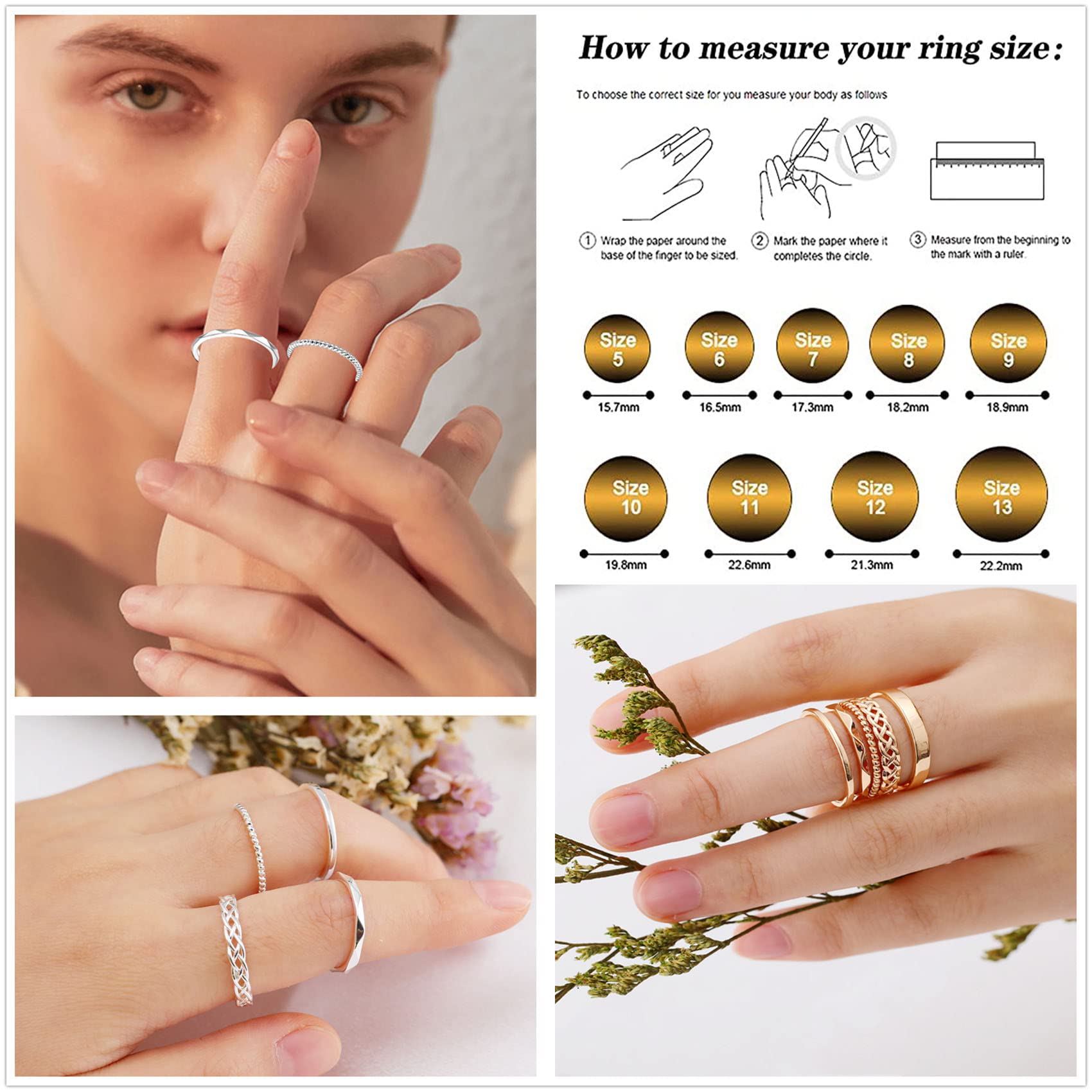 Honsny 14K Gold Rings Stacking Rings for Women Stackable Silver Rings Thin Rose Gold Band Ring Set Simple Midi Thumb Finger Ring Size 4-11