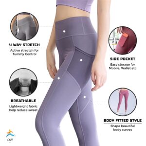 EAZE FIT Tummy Control Quick Dry Lightweight Breathable Workout Leggings for Women Yoga Pants with Pockets (as1, Alpha, s, Regular, Regular, Purple, Skinny)