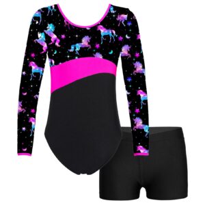 Moily Girls Kids Digital Printed U Neck Gymnastics Leotard with Shorts Athletic Biketard Ballet Dancewear Night Pegasus 8 Years