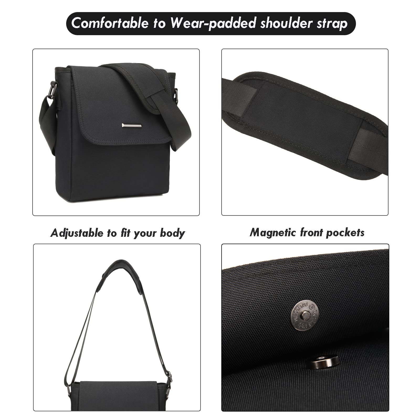 Shaelyka Water Resistant 900D Cross-Body messenger Bags, Lightweight PADDED Cellphone Bag, Black