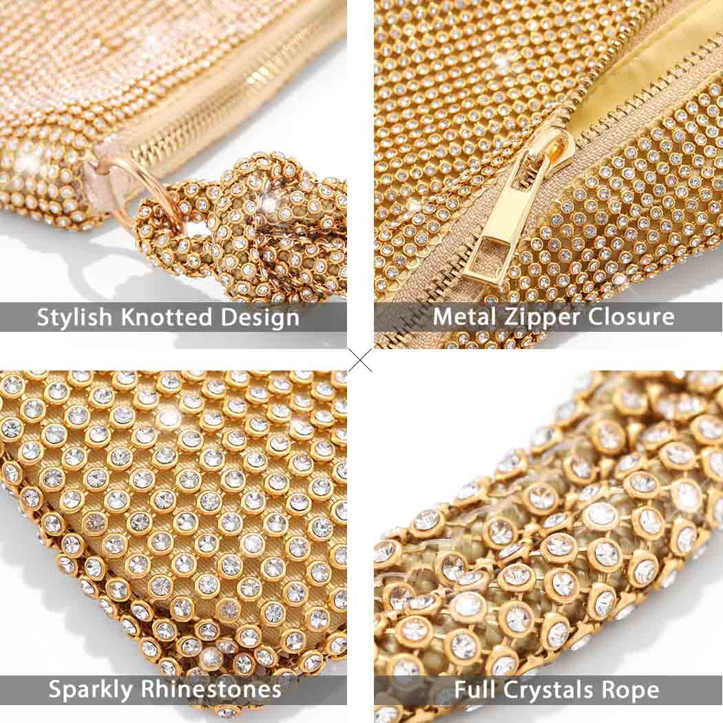 Yokawe Rhinestone Purses for Women Evening Bag Sparkly Hobo Bag Silver Handbag Vacation Club Party Wedding Clutch (Gold)