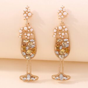 Champagne Earrings for Women Champagne Wine Glass Dangle Earrings Handmade Rhinestones Crystal Pearl Beaded Drop Earrings Bride Earrings Fun Earrings Dainty Earrings Jewelry Gift for Women (Gold)