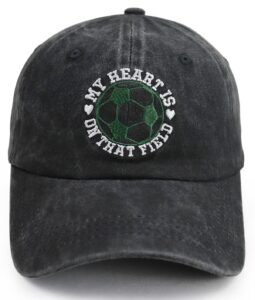 soccer ball hats for men women, funny my heart is on that field soccer hat, adjustable washed vintage cotton embroidered football baseball cap, fathers day soccer gifts for dad mom grandma grandpa