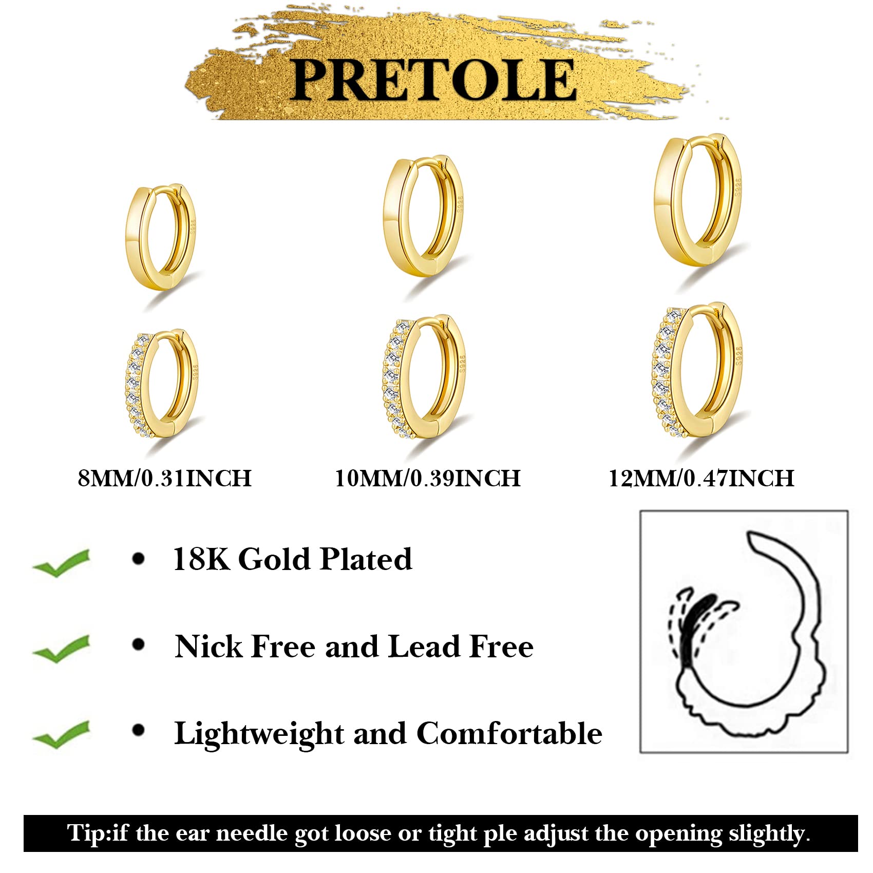 6 Pairs Gold Hoop Earrings for Women 14K Gold Huggie Hoop Earrings Hypoallergenic Lightweight Mini Hoop Earrings with Cubic Zirconia Small Gold Hoops for Women