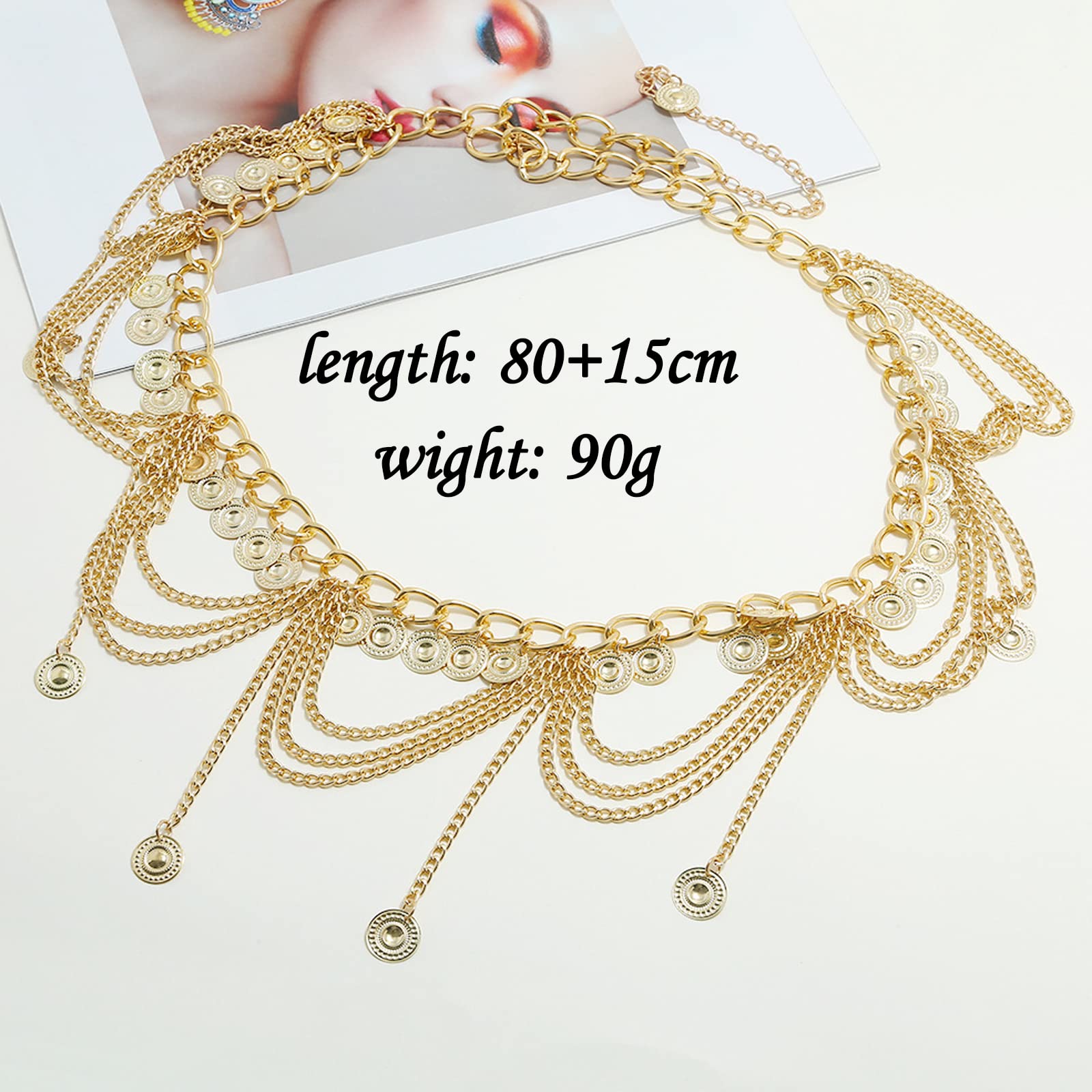 Gold Chain Belts for Women, Multilayer Alloy Coin Waist Chain Belt, Adjustable Golden Body Chains Long Tassel Pendant Belly Western Jewelry (Length 80+15cm)