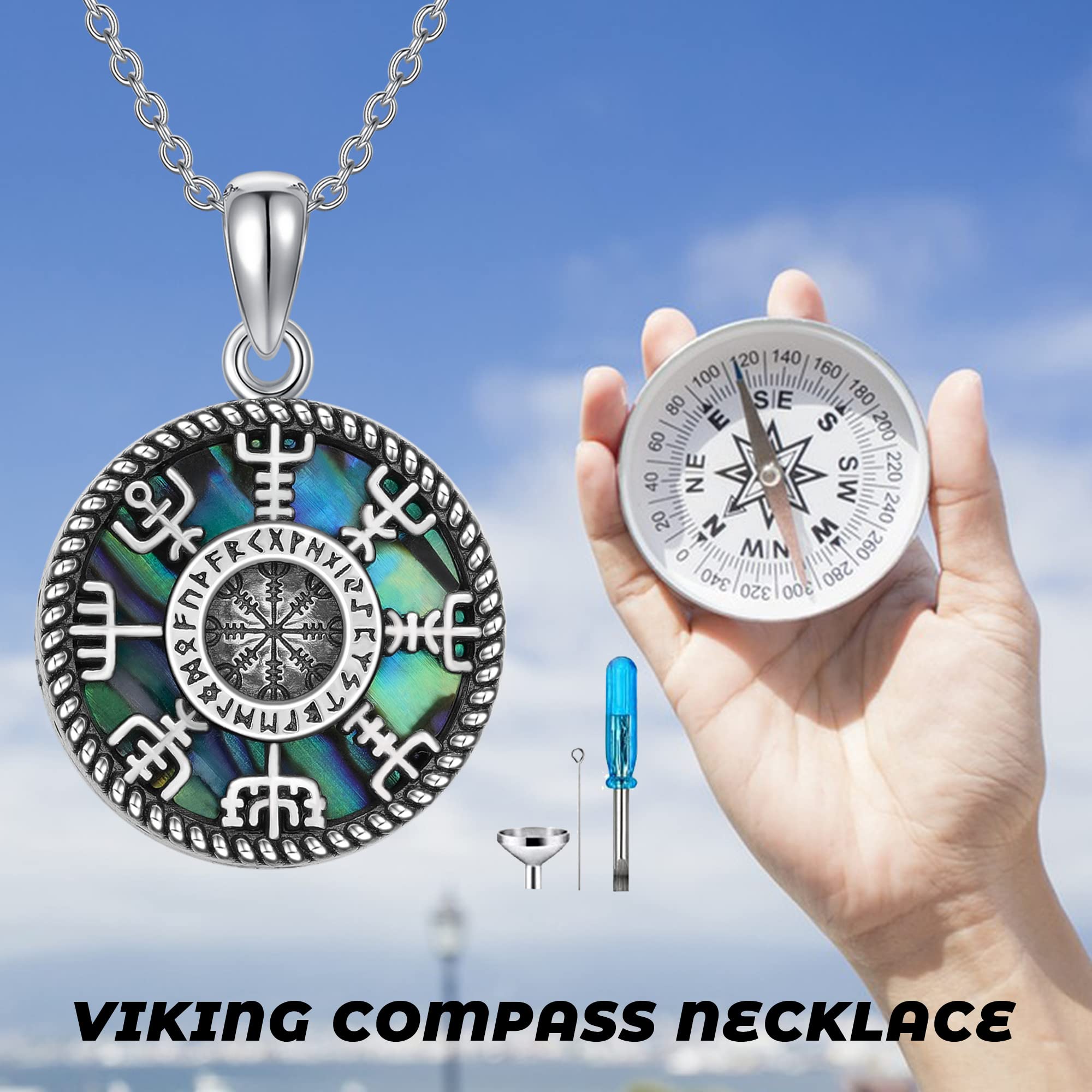 CUPENDA Viking Compass Urn Necklaces for Ashes Sterling Silver Norse Vegvisir Pendant Cremation Jewelry for Ashes Memorial Gift for Women Men