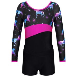 Moily Girls Kids Digital Printed U Neck Gymnastics Leotard with Shorts Athletic Biketard Ballet Dancewear Night Pegasus 8 Years