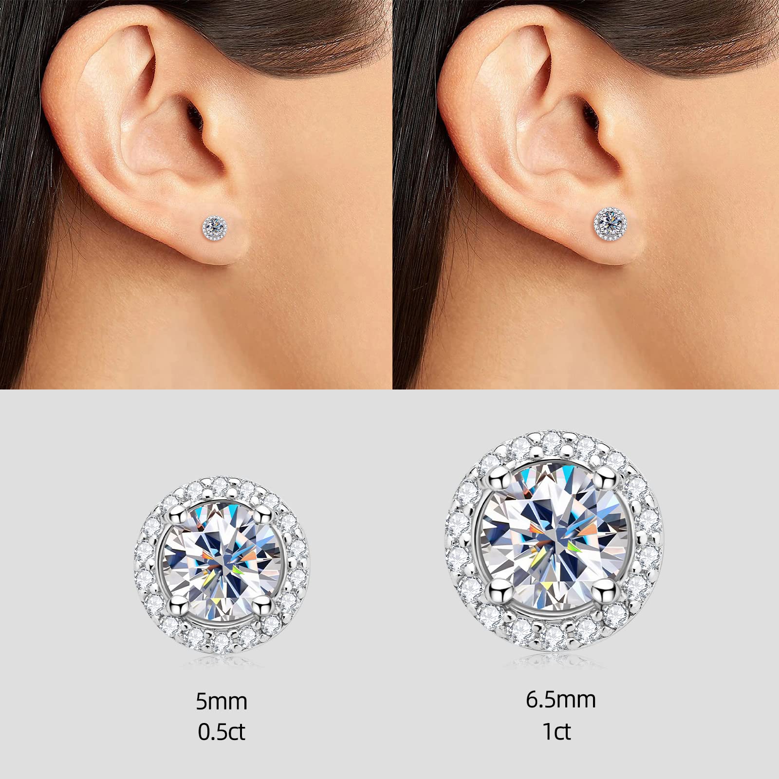 Moissanite Halo Stud Earrings for Women, 925 Sterling Silver Moissanite Diamond Stud Earrings, Hypoallergenic Bezel Earrings for Women Men, 6.5mm/2ct Christmas New Year Gifts