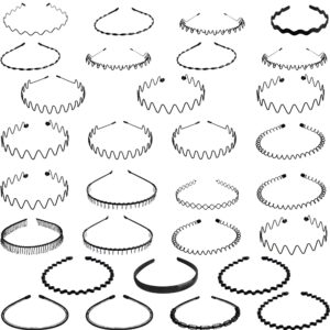 fahacop 30 pack metal headbands black spring wavy metal hair band slicked back headband for men women non slip sports headwear, 30 styles