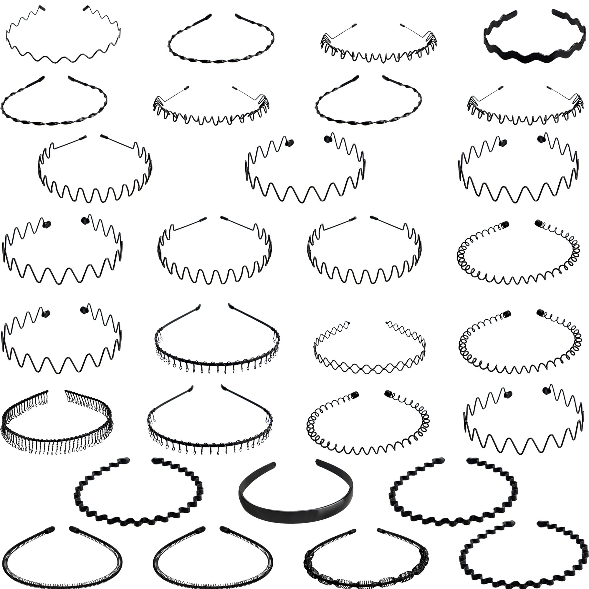 Fahacop 30 Pack Metal Headbands Black Spring Wavy Metal Hair Band Slicked Back Headband for Men Women Non Slip Sports Headwear, 30 Styles