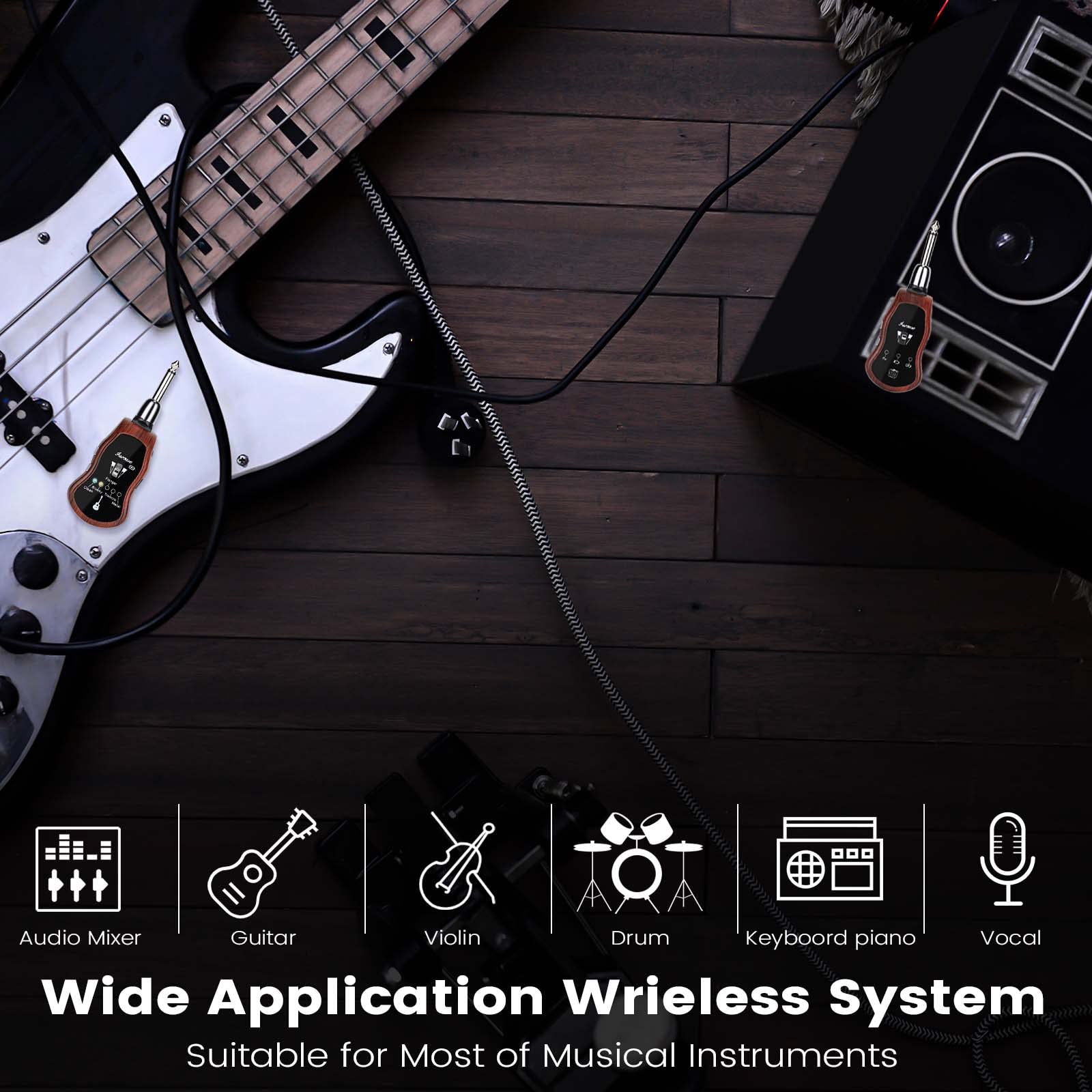 Upgrade Wireless Guitar System, 2.4Ghz Guitar Transmitter Receiver with 10 Channels Built-in 5 Guitar Effects, Rechargeable Lithium Battery Digital for Electric Guitar Amp Bass