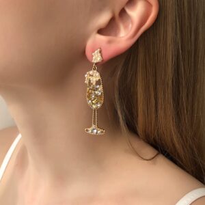 Champagne Earrings for Women Champagne Wine Glass Dangle Earrings Handmade Rhinestones Crystal Pearl Beaded Drop Earrings Bride Earrings Fun Earrings Dainty Earrings Jewelry Gift for Women (Gold)