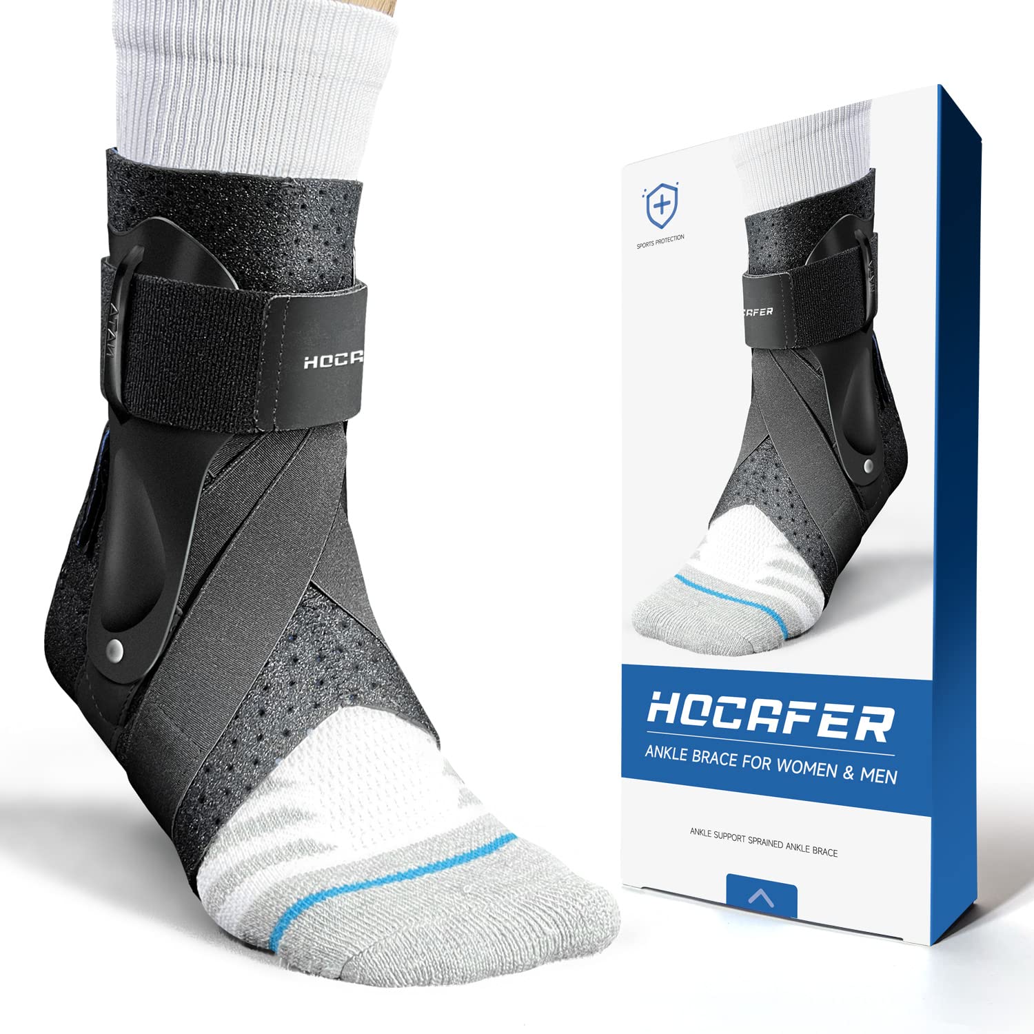 Hocafer Ankle Brace for Women & Men - Ankle Support Sprained Ankle Brace for Achilles,Tendon,Sprain,Injury Recovery,Ankle Support Brace for Running, Basketball, Football (Black,L,Right)