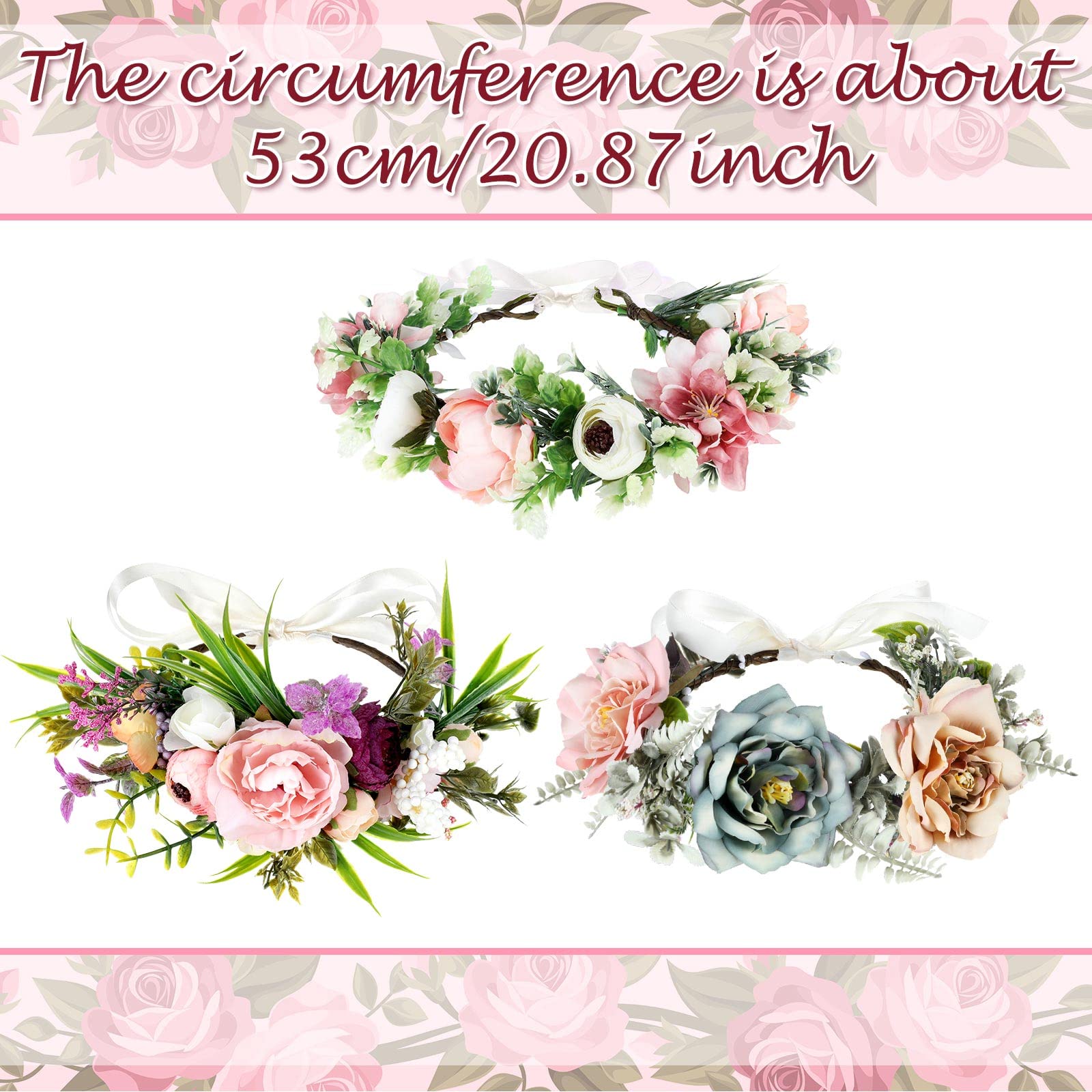 3 Pcs Flower Crown Adjustable Flower Headband Boho Floral Crown Floral Headpiece for Women Garland Hair Wreath with Ribbon Wedding Party Accessories for Girls Renaissance Festival Photos, 3 Styles